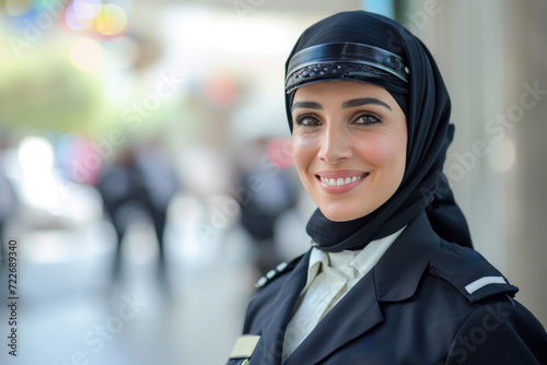 Arab woman wearing security guard or safety officer uniform on duty © Aris