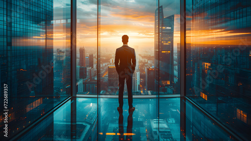 Businessman, Skyscrapers. Backside portrait of male CEO Chief Executive standing in office room looking at cityscape with skyscrapers and electric lights at twilight through wall windows. Generated AI photo