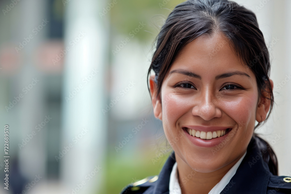 Hispanic woman wearing security guard or safety officer uniform on duty