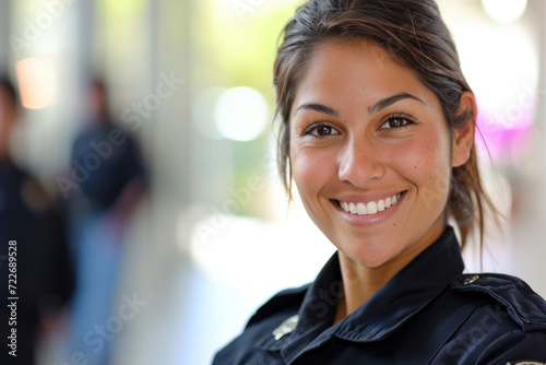 Hispanic woman wearing security guard or safety officer uniform on duty