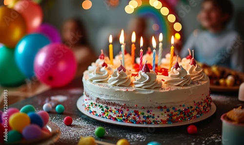 white birthday cake with candles, birthday party for children, children having fun, colorful cake, rainbow, multicolored balloons and sparkles, chocolate, sugar and candies, candles, Generative AI