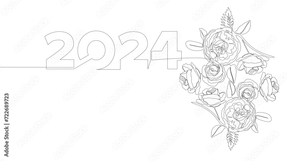 One continuous line of 2024 number with rose flowers. Thin Line Illustration vector concept. Contour Drawing Creative ideas.