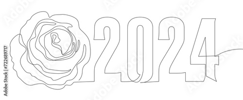 Foto One continuous line of 2024 number with rose flowers