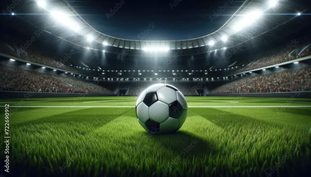 Obraz premium Soccer ball on the field of stadium at night. 3D rendering