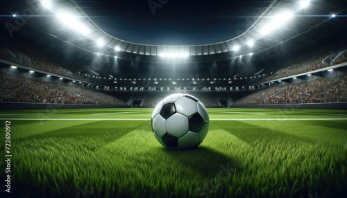 Soccer ball on the field of stadium at night. 3D rendering © Rizly