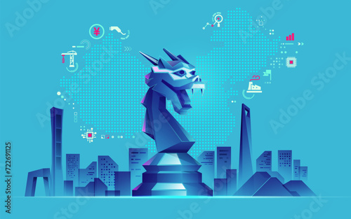 China business tech metaphor, graphic of dragon chess piece with economy element