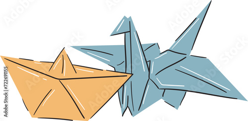 Origami Paper Ship and Paper Bird 