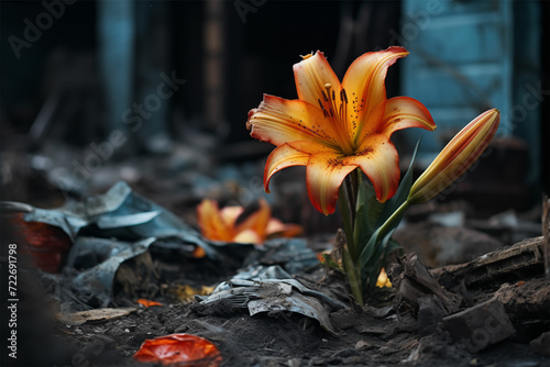 Discover resilience in nature – a blooming green lily amid ruins and trash, portrayed with photo-realistic dark orange and light cyan tones, featuring selective focus and chiaroscuro portraitures.