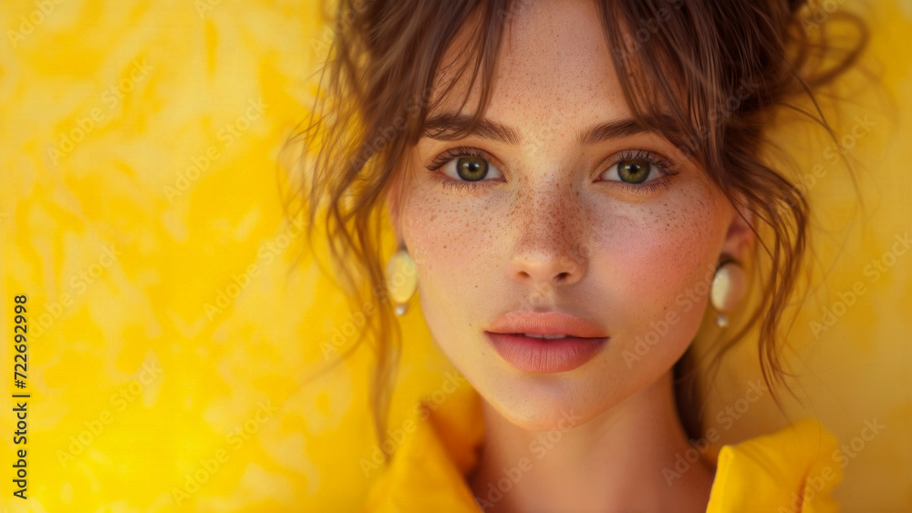Portrait of a beautiful female model with brown hair. She is wearing earrings and standing against a yellow background. High fashion. Portrait of a beautiful female model with brown hair. She is wearing earrings and standing against a yellow background. High fashion.