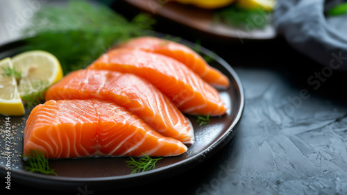 A plate of raw salmon on a kitchen counter.