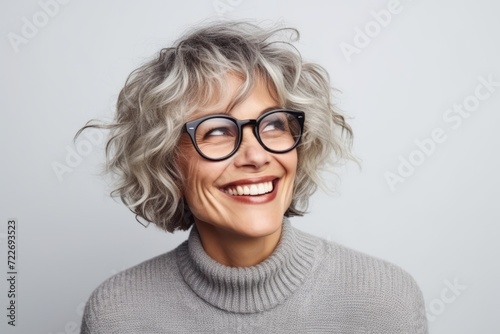 Portrait of a beautiful middle-aged woman with grey hair wearing glasses photo