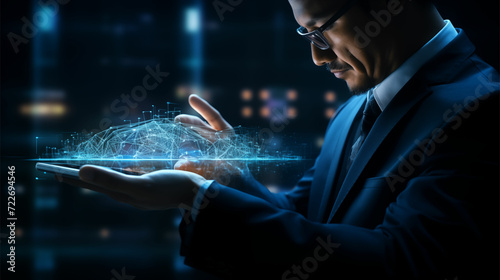 Experience cyber security in action with a UHD image featuring a man using phone and hand, bathed in light navy and aquamarine, embodying fluid networks and clear edge definition. photo