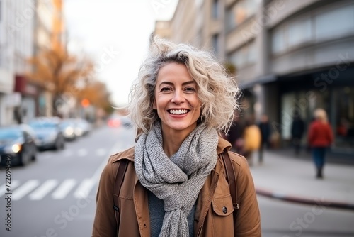 Portrait of a beautiful middle aged woman smiling in the city.