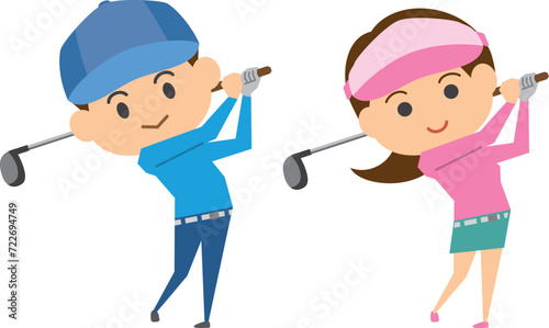 ゴルフをする男性と女性のイメージイラストセット