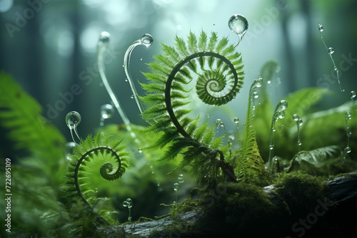 Enter a magical realm with a fern adorned in water droplets  blending fantastic creatures  photo-realistic landscapes  spirals  and the enchantment of junglepunk and dreamlike nature.