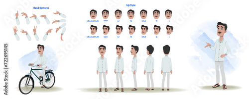 A Indian man character model sheet. man creation set. Boy turnaround sheet, hand gestures, lip sync photo