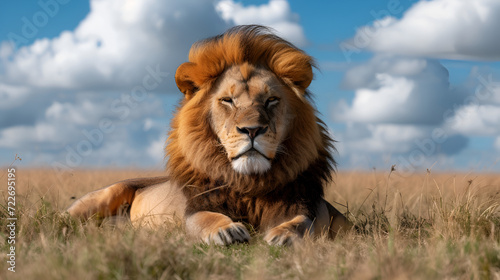 Big lion lying on savannah grass. Landscape with characteristic trees on the plain and hills in the background, generative ai
