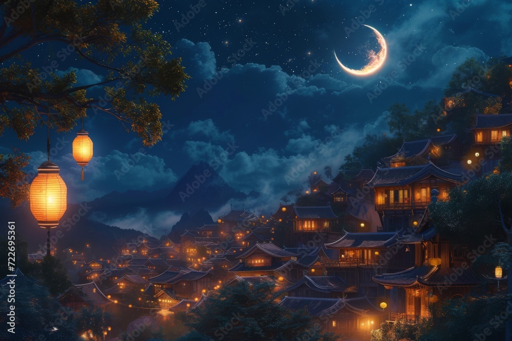 Glowing lanterns illuminate the wooden houses with intricate rooftops that are scattered across the landscape