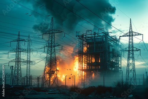 During terrorist attack, an electric power substation was blown up, resulting in fire that completely destroyed everything in substation Generative AI © ungvar