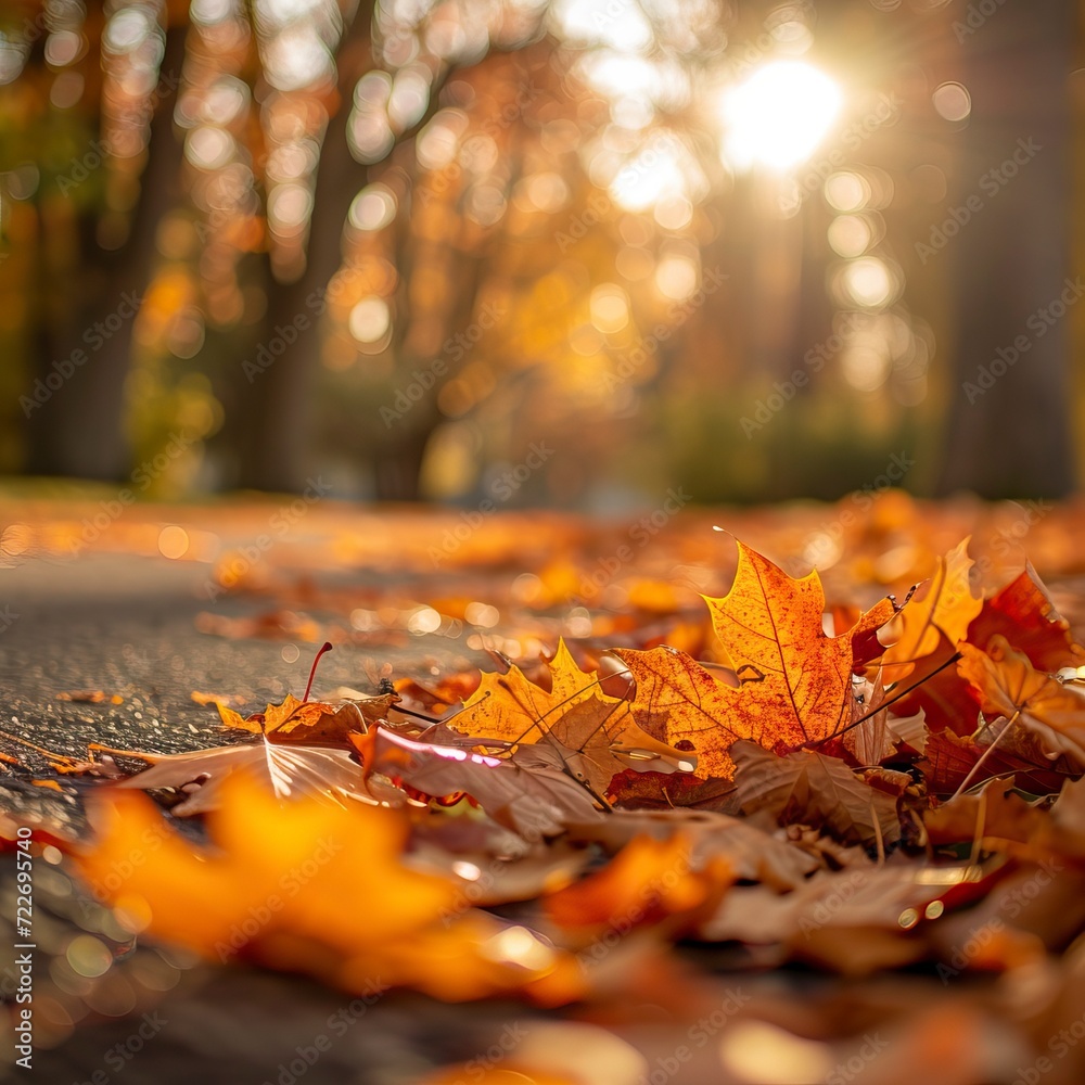 Orange maple leaves on the ground with a bokeh effect in Autumn 