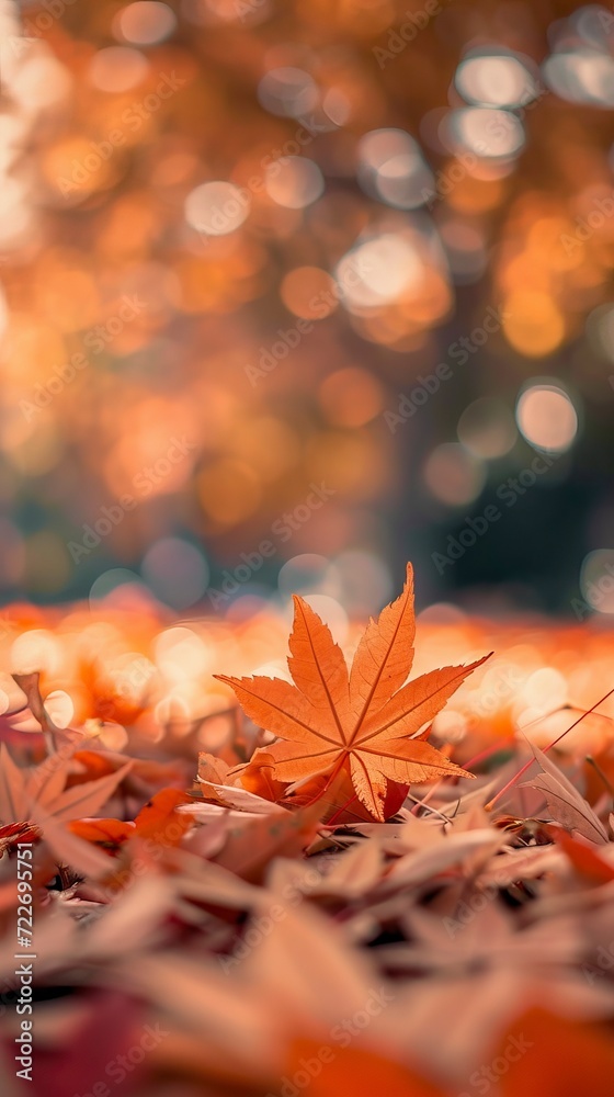 Orange maple leaves on the ground with a bokeh effect in Autumn 