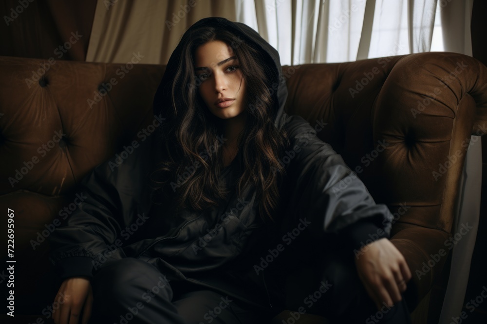 Portrait of a beautiful young brunette woman in a black jacket sitting on a sofa. Portrait of a beautiful young brunette woman in a black jacket sitting on a sofa.