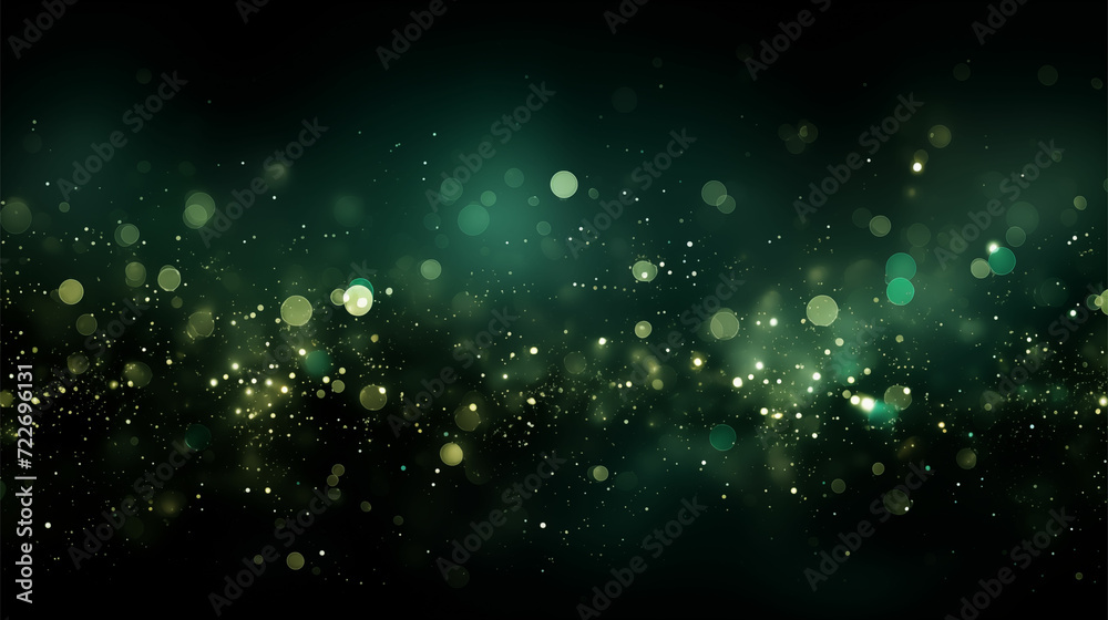 Mesmerizing green lights dance on a black canvas, adorned with stars and dots, creating a celestial display in the style of light gold and enchanting bokeh.