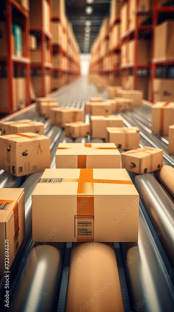 Conveyor belt in a distribution warehouse with row of Product Conveyor belt in a distribution warehouse with row of Product