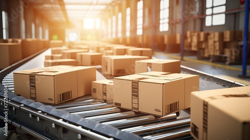 Conveyor belt in a distribution warehouse with row of Product 