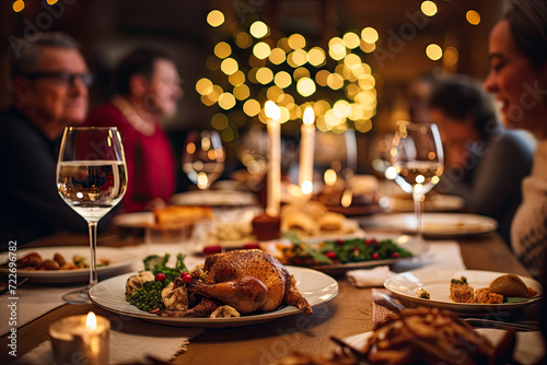 group of people with plates of food, wine and dinner, in the style of xmaspunk, back button focus, light gold and light brown, pigeoncore, unusual cropping, hard-edged lines,