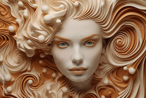 Immerse in the charm of a latte art coffee girl—a detailed abstraction, with wavy, candy-coated contemporary vibes. A close-up portrait capturing handcrafted beauty.