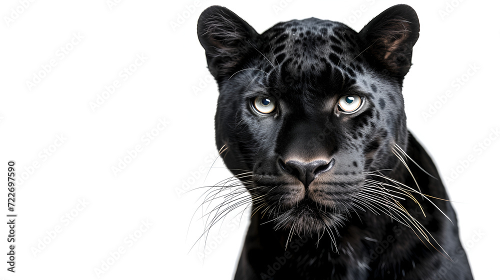 Black Leopard 6 years old in front of a white background, copy space, generative ai