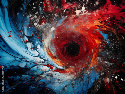 Discover enchantment in multicolored ink swirls against a black and white backdrop, blending smokey allure with vibrant hues of dark sky-blue and crimson in a mystical abstraction-création photo