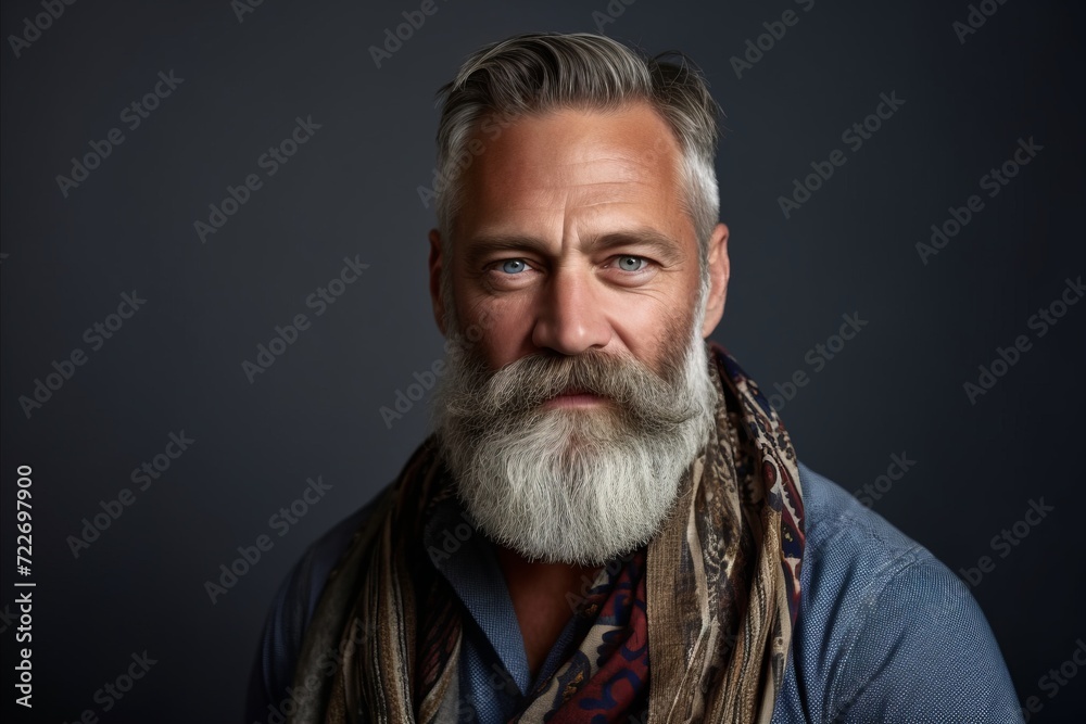 Portrait of a handsome mature man with long white beard and mustache.