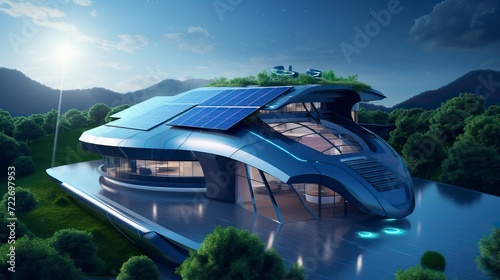Futuristic generic smart home with solar panels rooftop