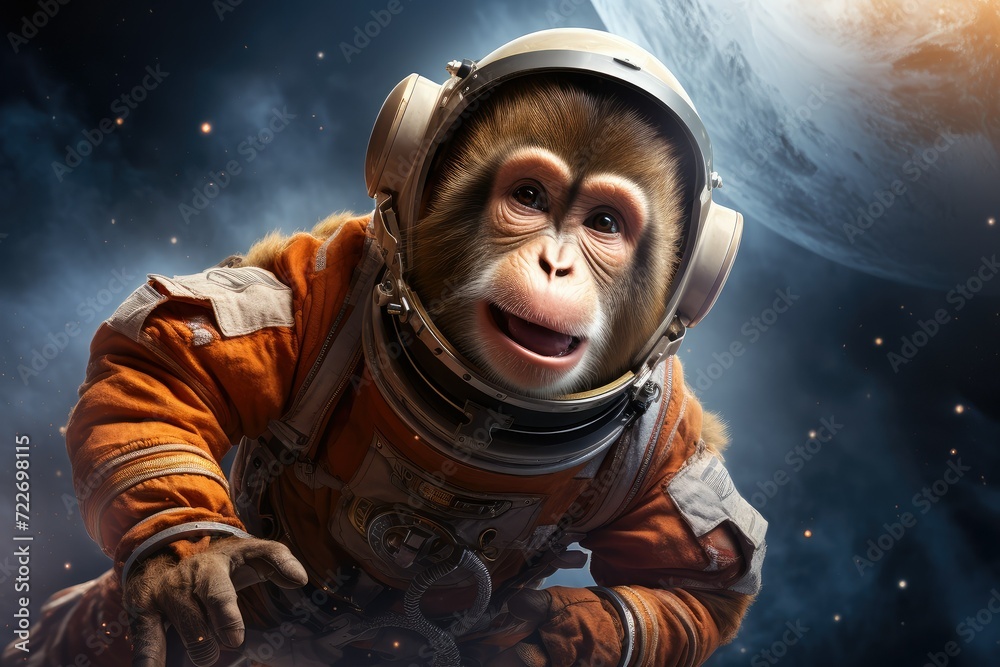 Surprised monkey in spacesuit against the background of galaxy. animal astronauts in space, space exploration. monkey in a spacesuit in the galaxy.