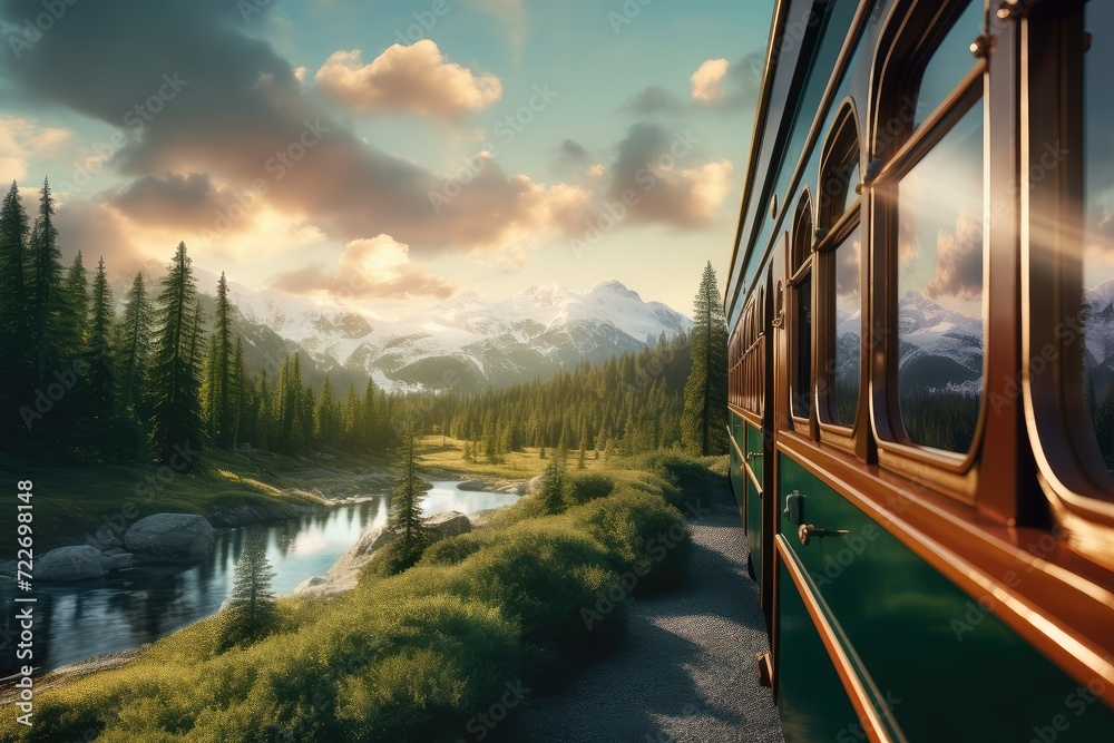 Train in the mountains. 3D illustration. Concept of travel. Tourist travel concept. a wooden steam train in the mountains with mountains in the background. Train in the mountains. 3D illustration. Concept of travel. Tourist travel concept. a wooden steam train in the mountains with mountains in the background.