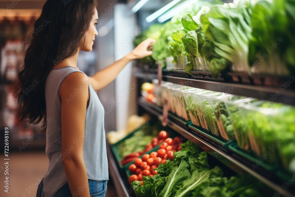 Young woman choosing fresh vegetables in supermarket. Side view of young woman choosing fresh vegetables in grocery store. organic and healthy eating concept. Young woman choosing fresh vegetables in supermarket. Side view of young woman choosing fresh vegetables in grocery store. organic and healthy eating concept.