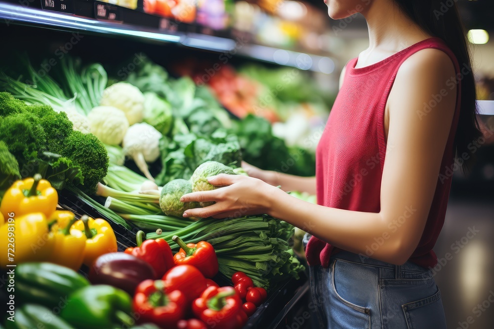 Closeup on young woman shopping in grocery store. She is holding fresh vegetables in her hand. organic and healthy eating concept. Healthy lifestyle.