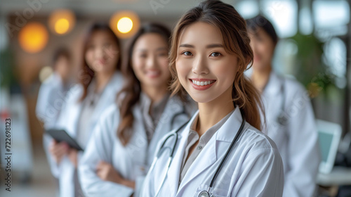 Medicine and healthcare concept : Asian doctors and Female doctor standing in lobby of hospital on background.