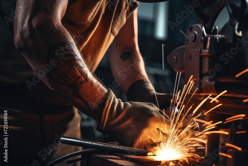 Close-up of a welder working on a metal construction. metal worker welder working with arc welding machine in factory while wearing safety equipment. manual skill labor concept.