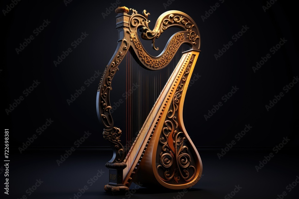 Harp on a black background. 3d illustration. 3d rendering. Concert closeup sound harp musical melody instrument classical detail string.