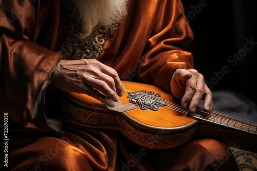 Senior musician playing mandolin on a dark background, close-up. classic musician playing mandolin. music and spiritualism. sophisticated music passion. photo
