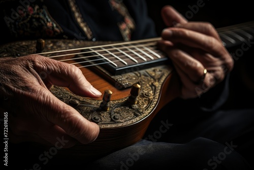 Close-up of the hands of a man playing the ukulele. elderly musician playing mandolin with dark background. passion music. elegance. photo