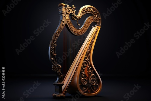Harp on a black background. 3d illustration. 3d rendering. Concert closeup sound harp musical melody instrument classical detail string.