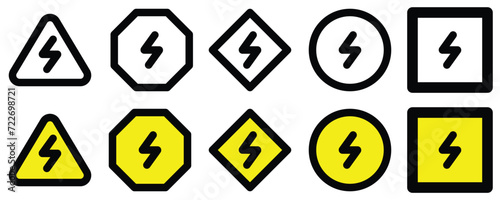 set electrical high volt danger sign of various shapes and yellow colors hazard traffic warning danger icon design vector flat design for website mobile isolated on white Background photo