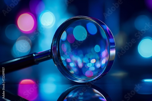 a magnifying glass on a nighttime background in blue and purple colors, in the style of data visualization, digital print, gossamer fabrics, neon-lit urban, scientific diagrams photo