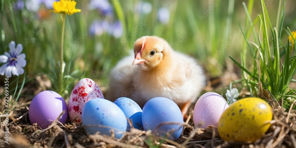 A small chick is sitting in the grass with colorful eggs. Generative AI.