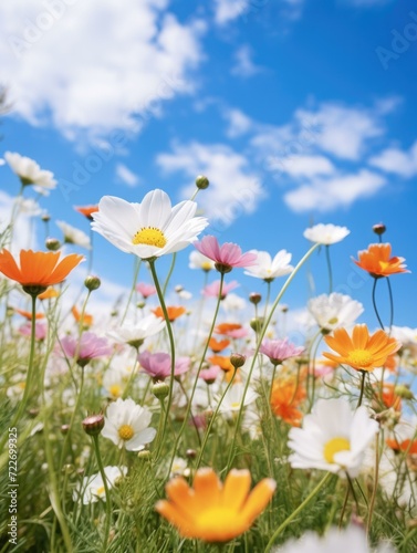 A field of white and orange flowers with blue sky in the background. Generative AI.