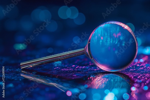 a magnifying glass on a nighttime background in blue and purple colors, in the style of data visualization, digital print, gossamer fabrics, neon-lit urban, scientific diagrams photo